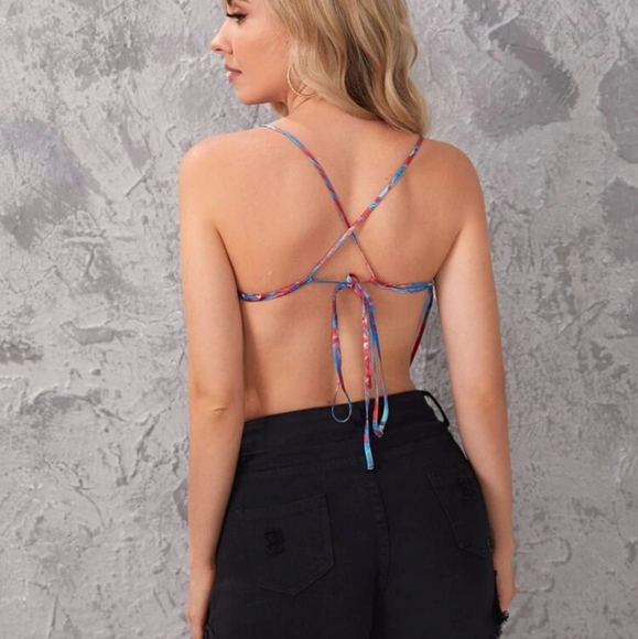 Marble Print Tie Backless Cowl Neck Crop Cami Top NWT - Picture 3 of 5